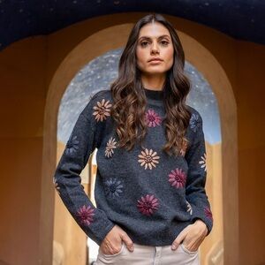 CHARLIE B Dark Gray Sweater with Floral Accents